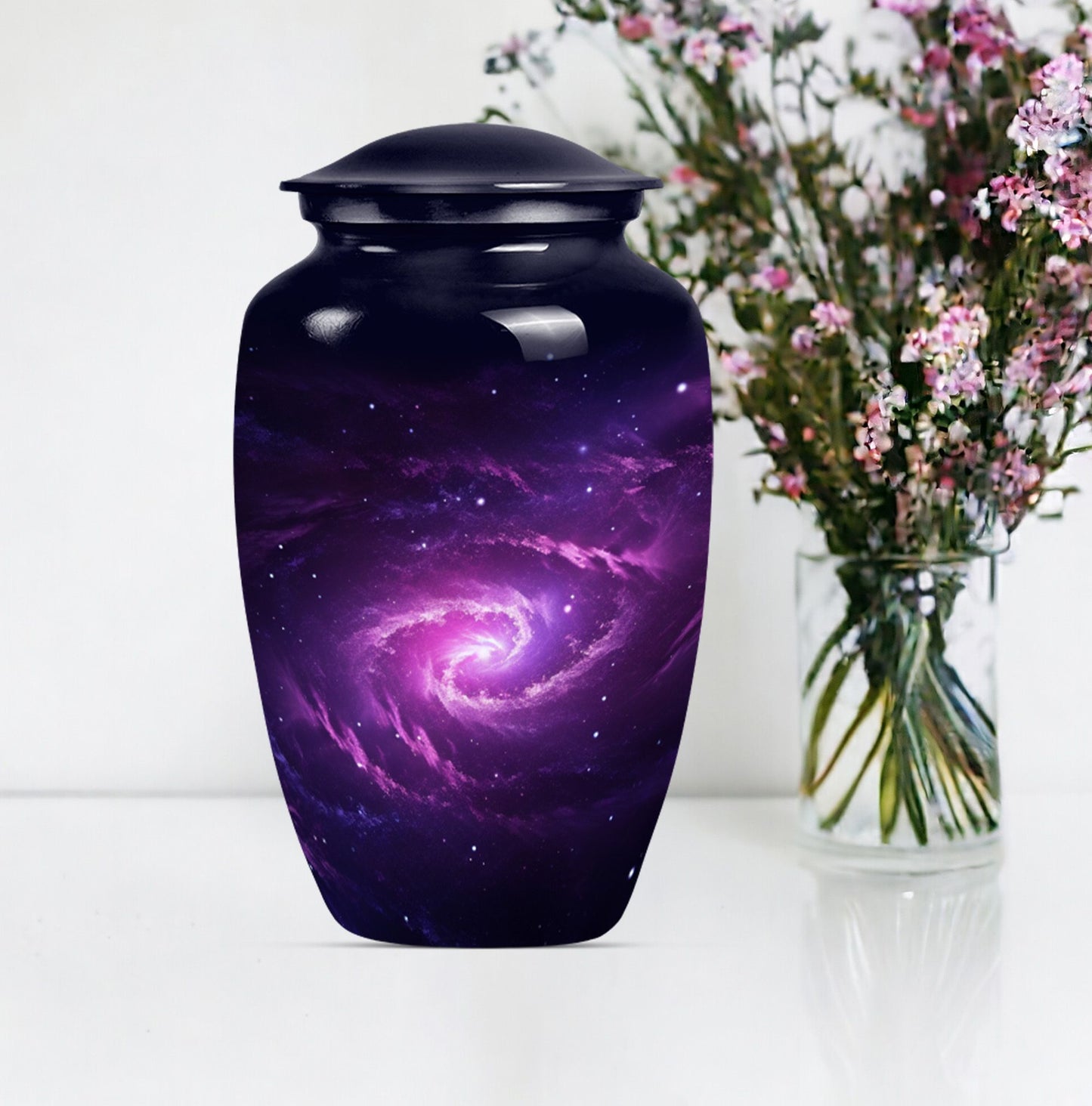classic galaxy urn for adult male ashes with Purple meadow.