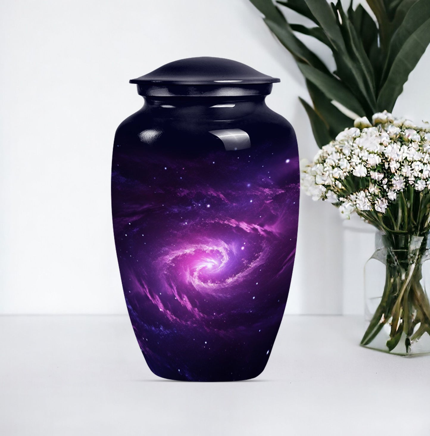 classic galaxy urn for adult male ashes with Purple meadow.