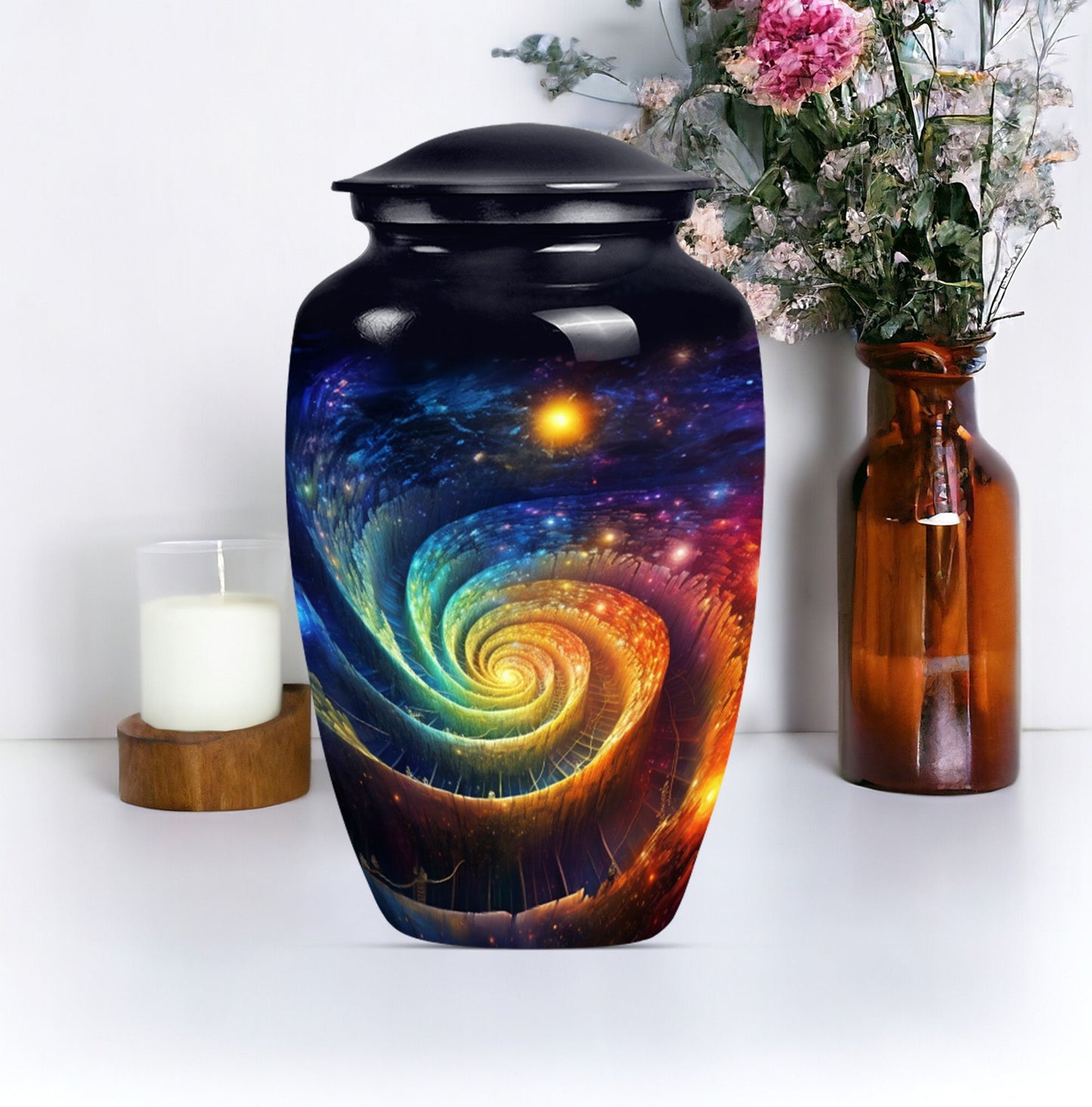 Classic Galaxy Urn for men ashes in Purple Meadow theme.