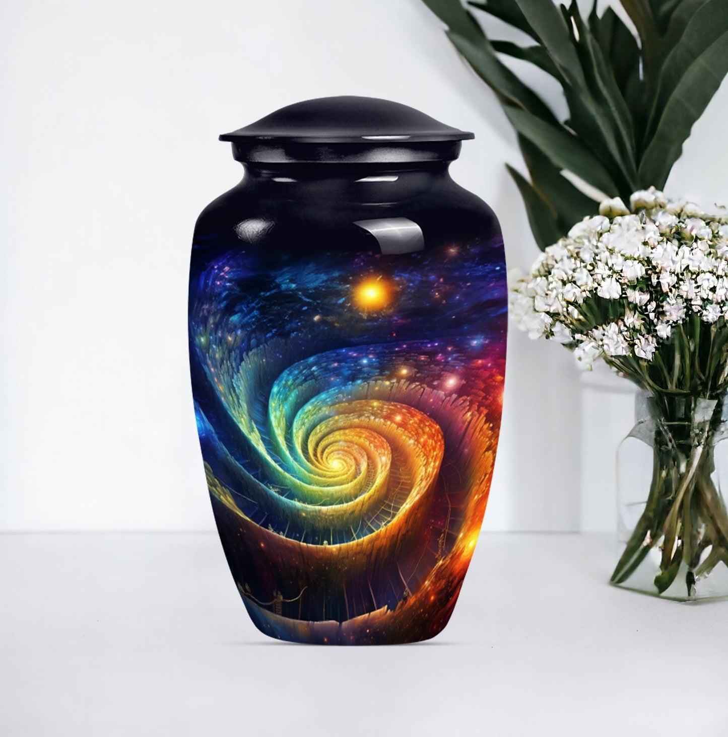 Classic Galaxy Urn for men ashes in Purple Meadow theme.
