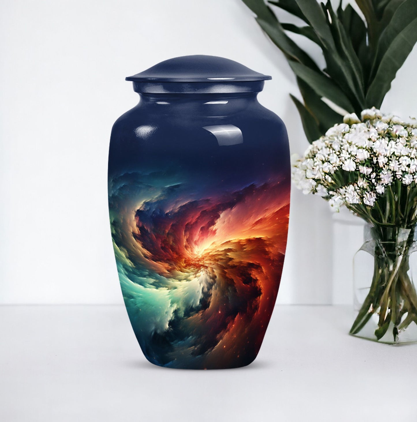 Classic 10-inch Glaaxy Urn with Purple Meadow Theme.