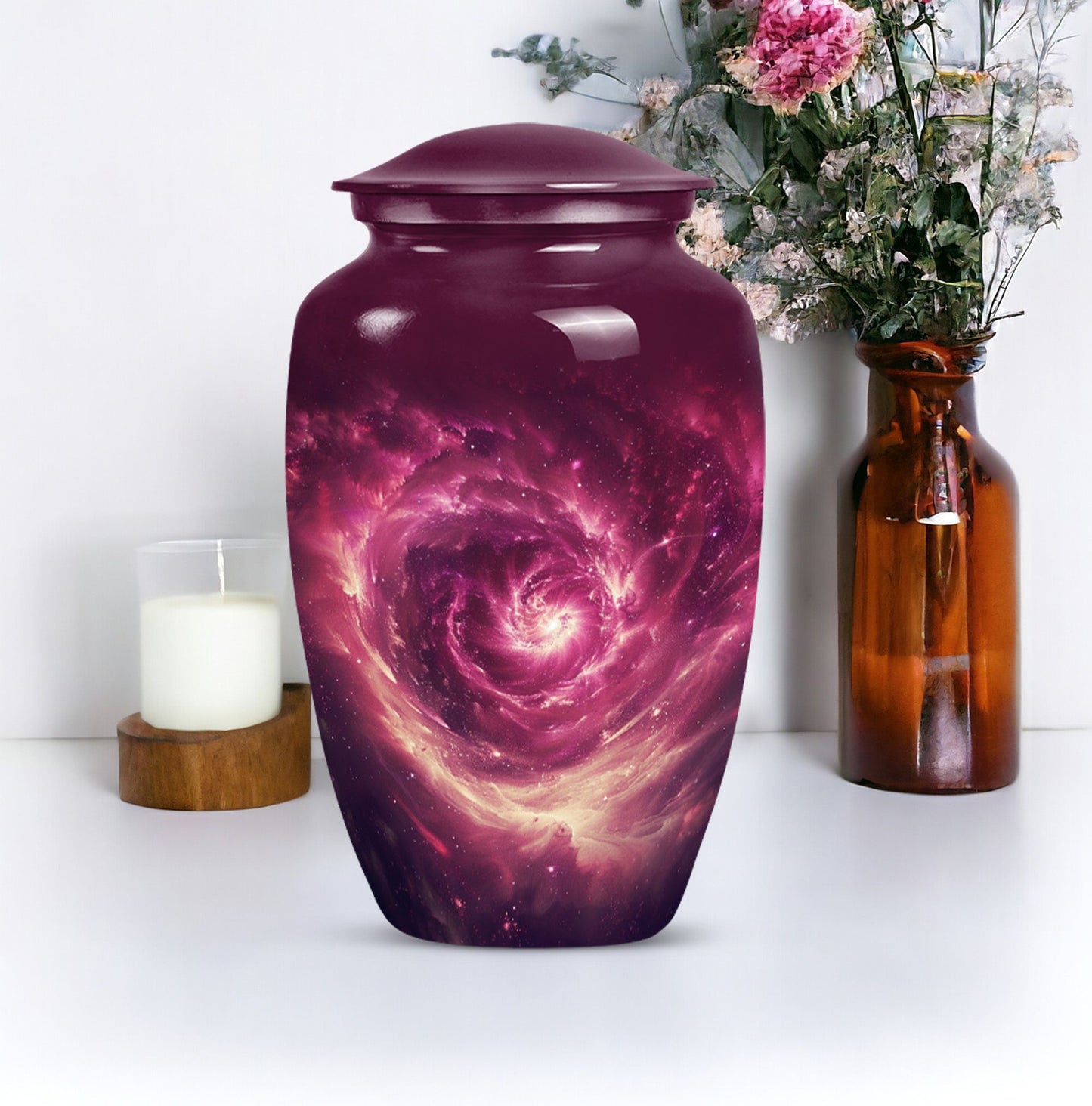  galaxy Urn for women's ashes in Purple Meadow theme, 
