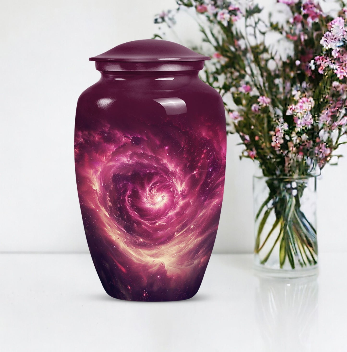  galaxy Urn for women's ashes in Purple Meadow theme, 