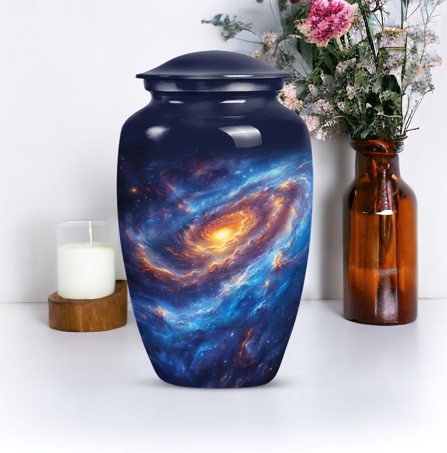 Classic purple meadow-themed 10-inch galaxy urn