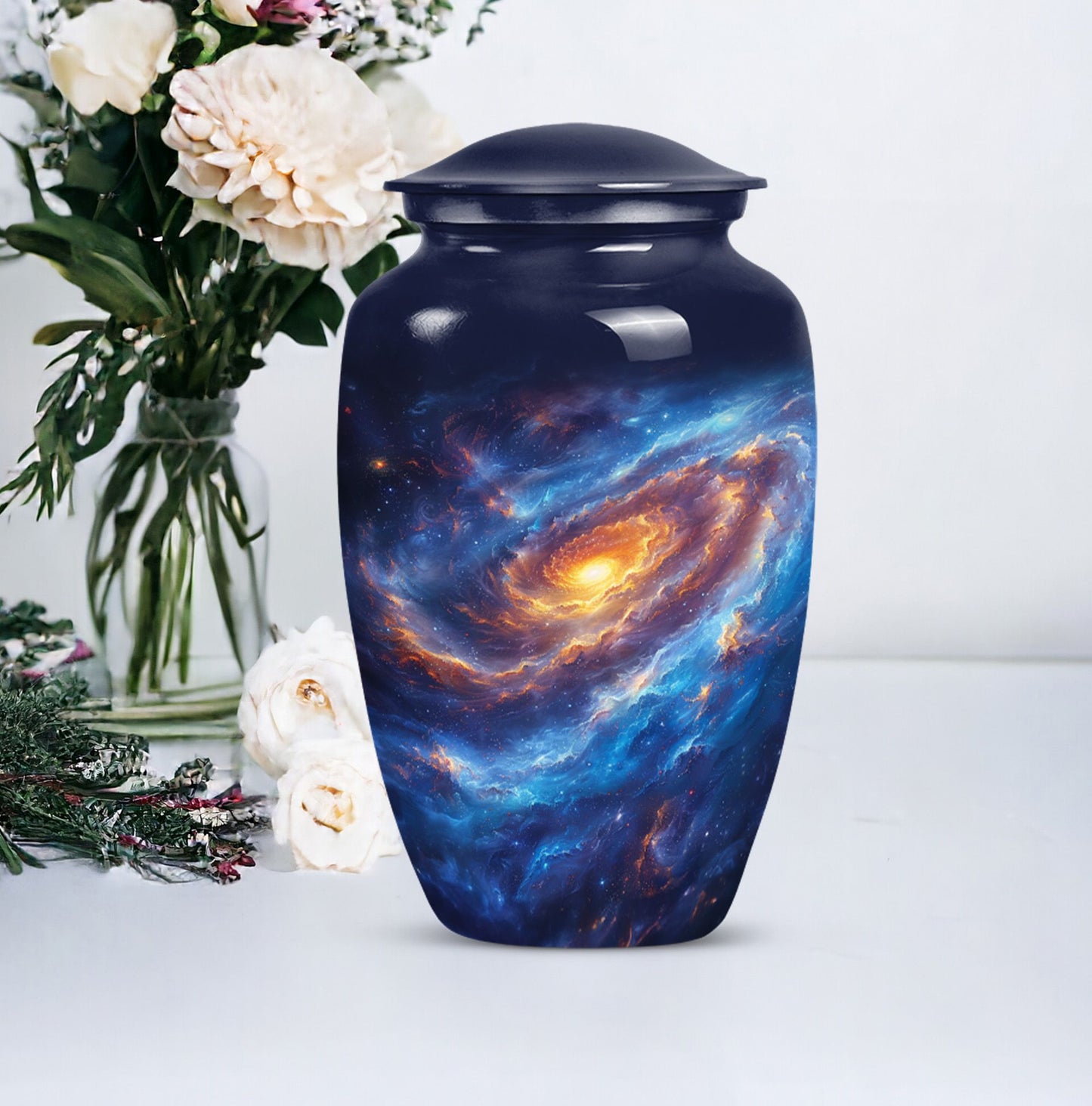 Classic purple meadow-themed 10-inch galaxy urn