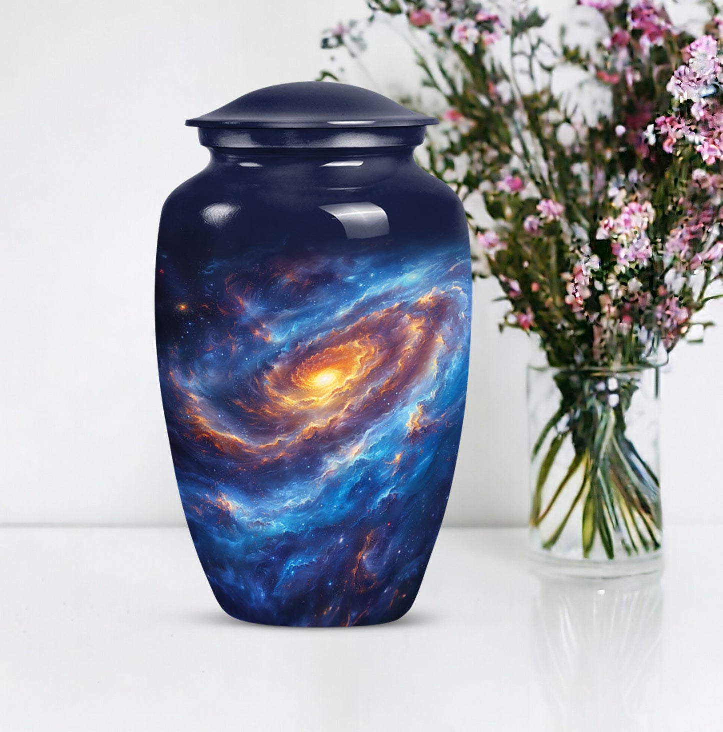 Classic purple meadow-themed 10-inch galaxy urn
