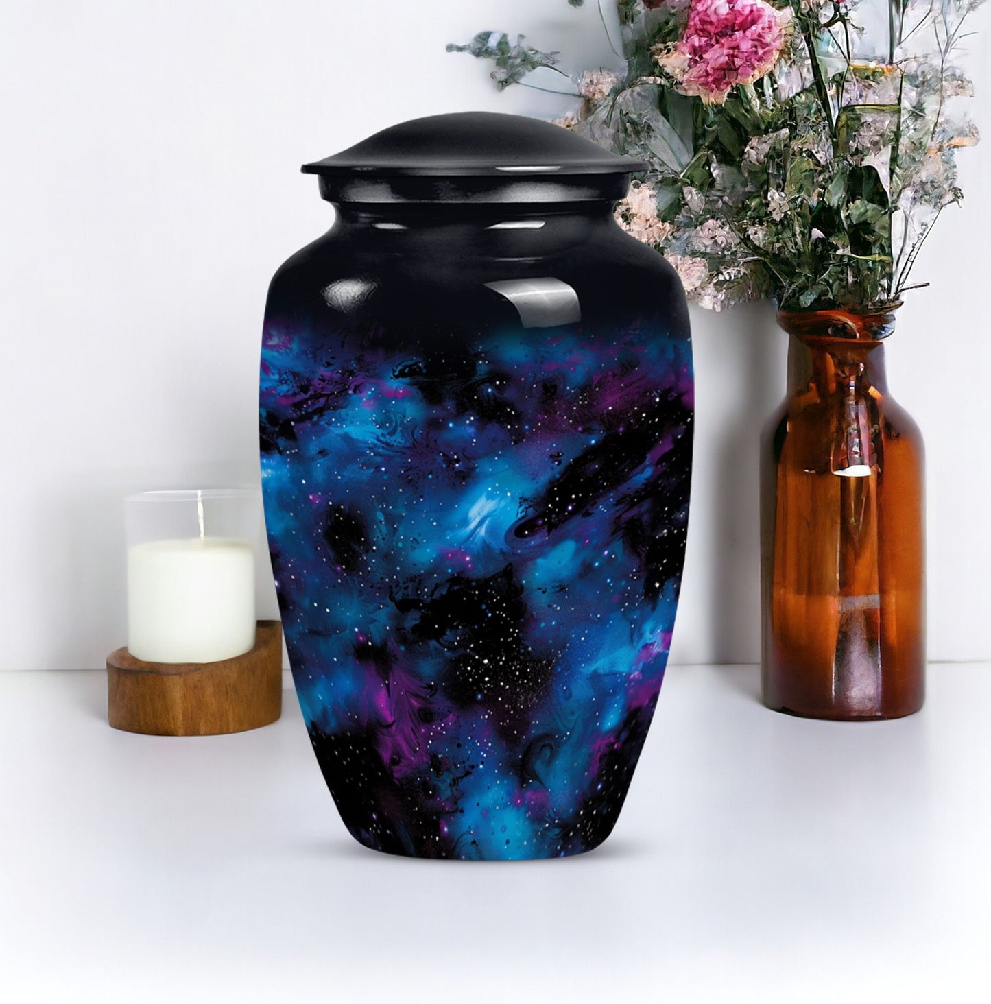 10-inch glaaxy urn, classic design in Purple Meadow theme.