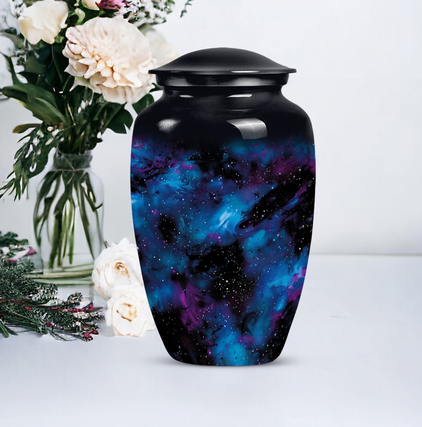 10-inch glaaxy urn, classic design in Purple Meadow theme.