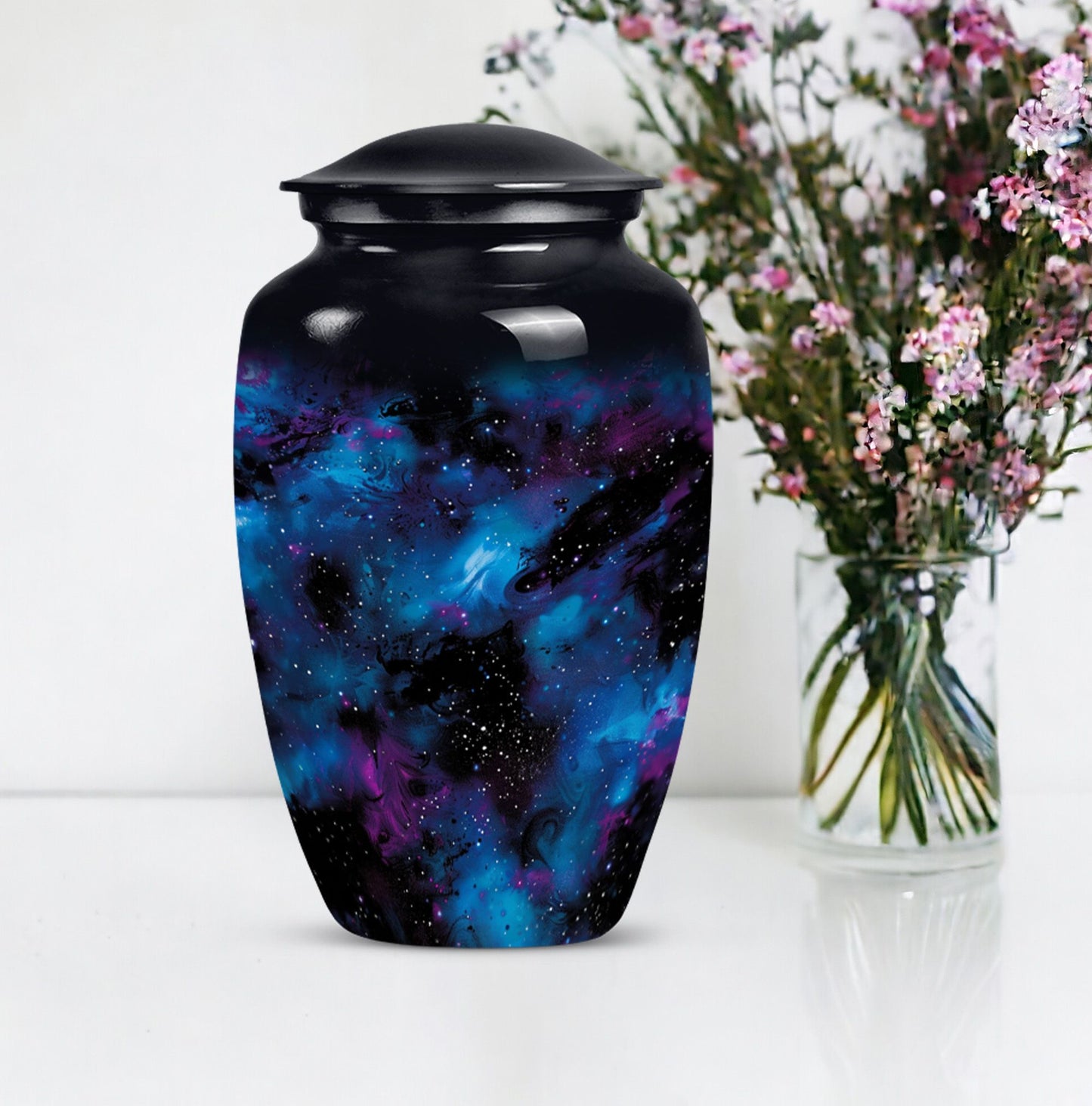 10-inch glaaxy urn, classic design in Purple Meadow theme.