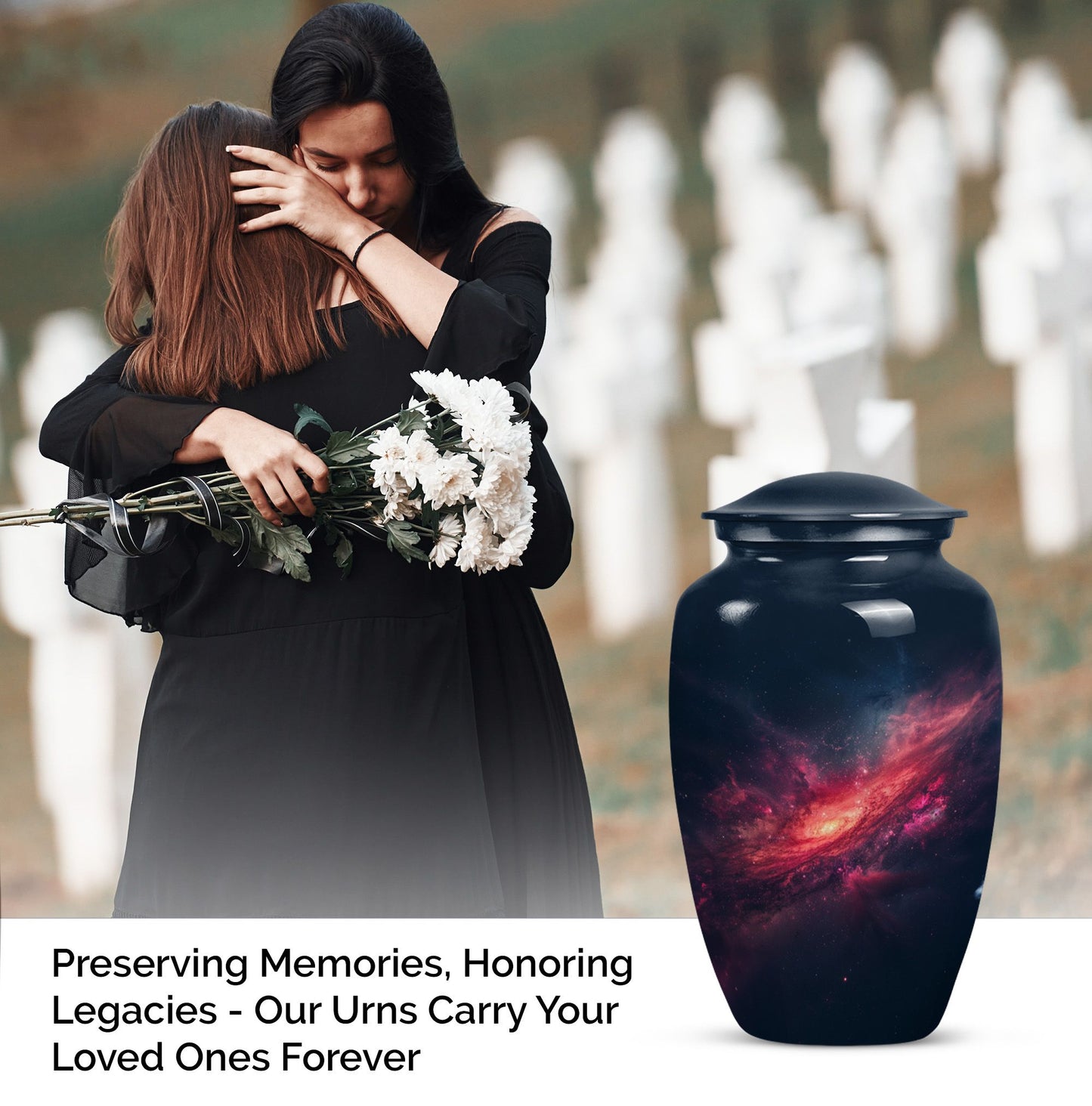 Classic galaxy urn for human ashes, Purple Meadow theme.