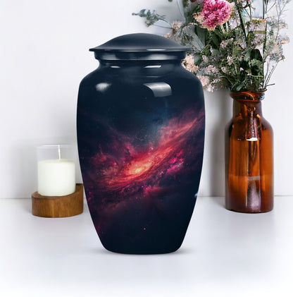 Classic galaxy urn for human ashes, Purple Meadow theme.