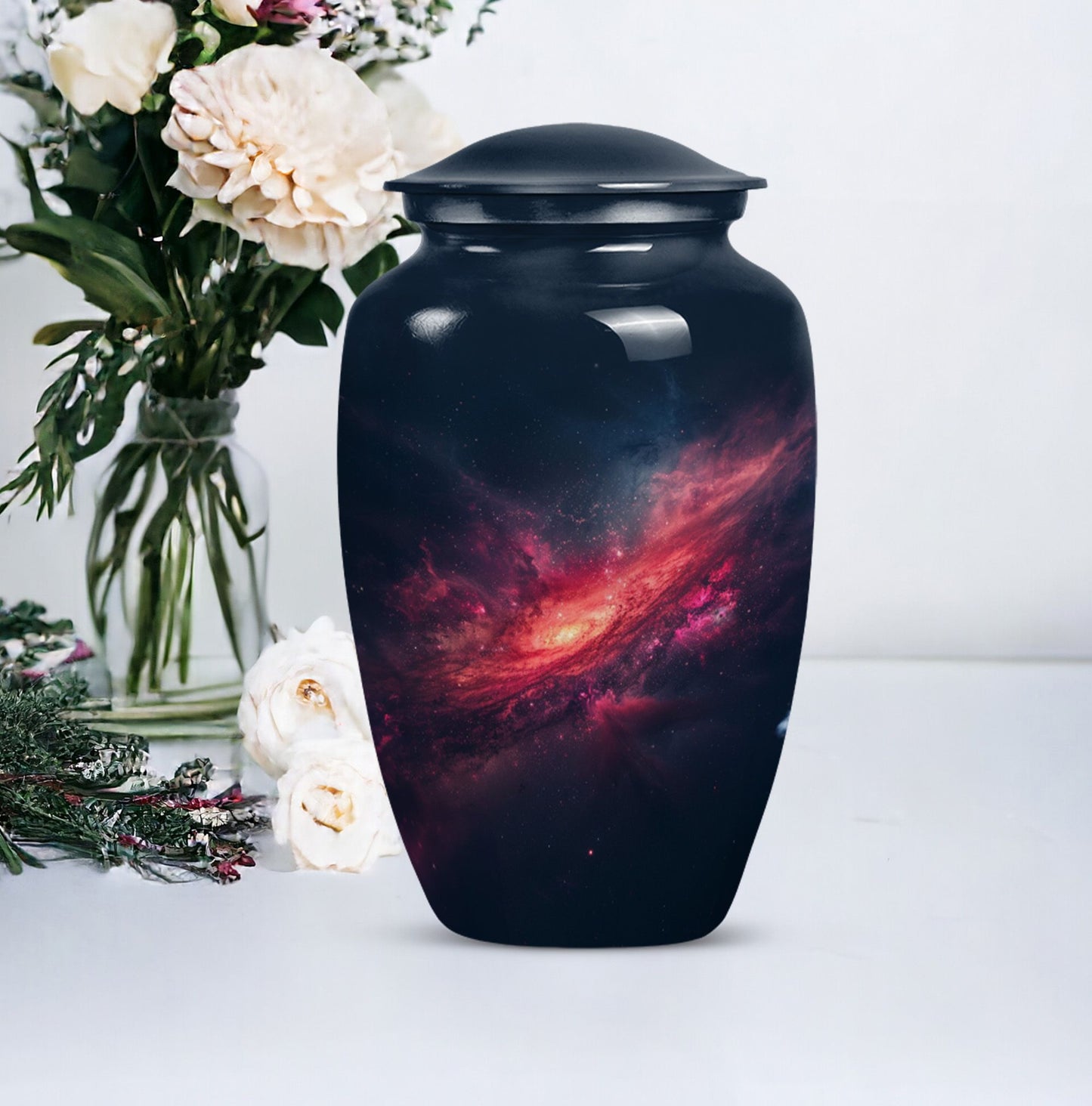 Classic galaxy urn for human ashes, Purple Meadow theme.