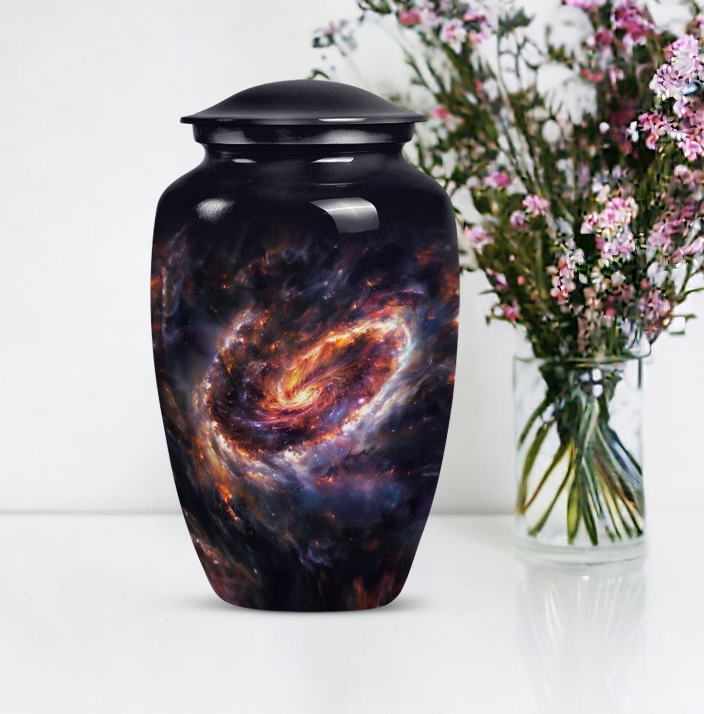Classic 10-inch Glaaxy Urn in Purple Meadow Theme.