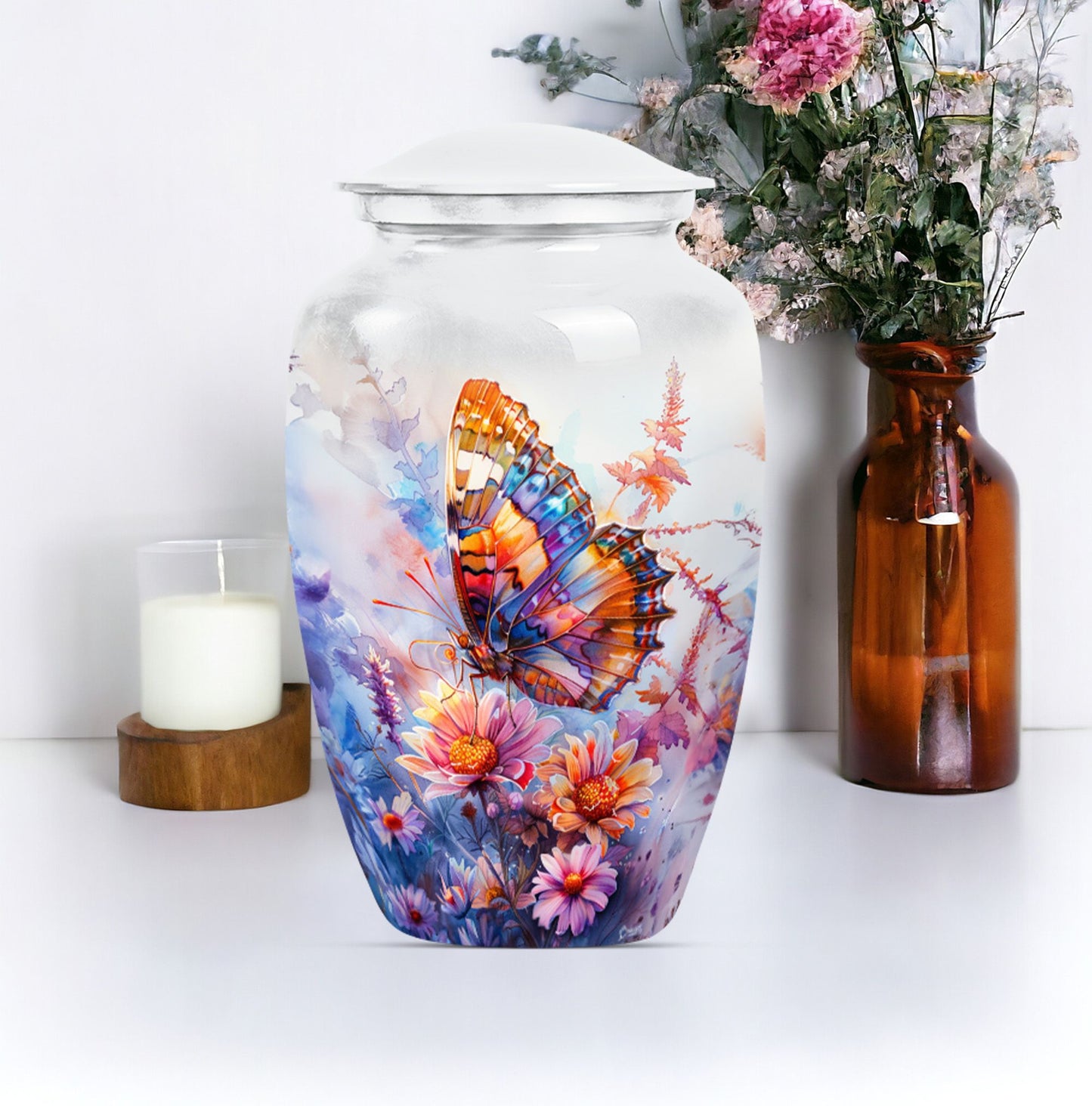Purple Meadow themed classic butterfly urn for cremation