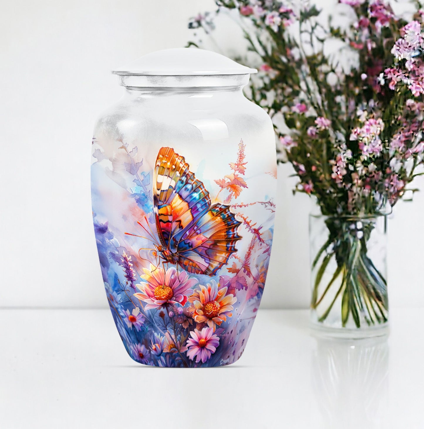 Purple Meadow themed classic butterfly urn for cremation