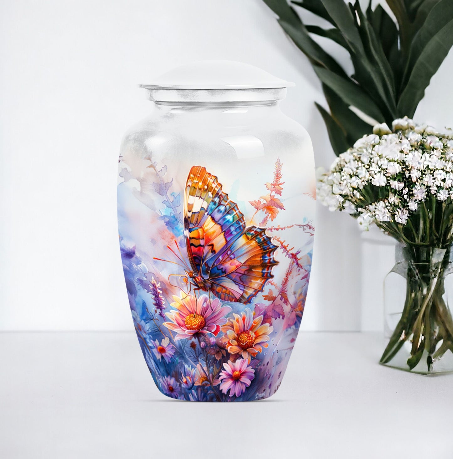 Purple Meadow themed classic butterfly urn for cremation