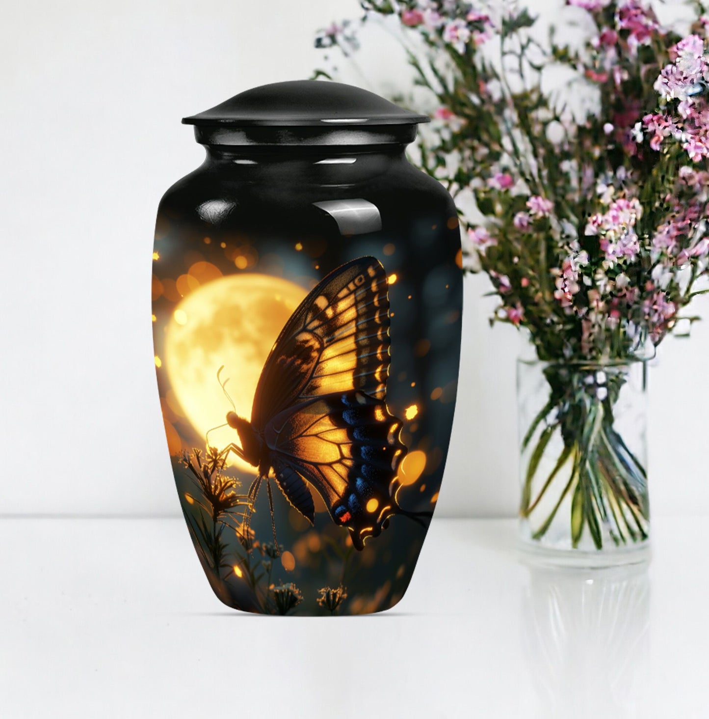 Classic 10 inch butterfly urn in Purple Meadow theme.