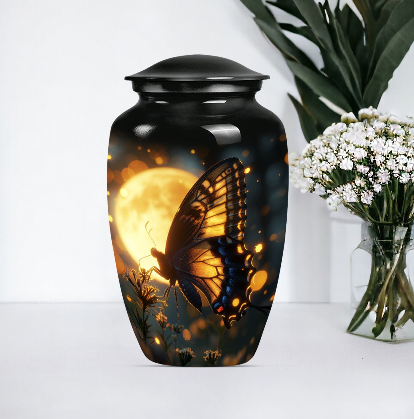 Classic 10 inch butterfly urn in Purple Meadow theme.