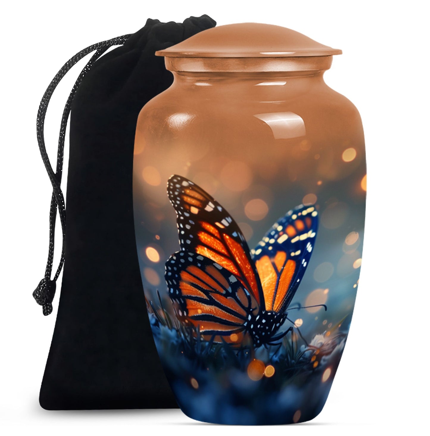 10-inch classic butterfly urn in purple meadow theme.