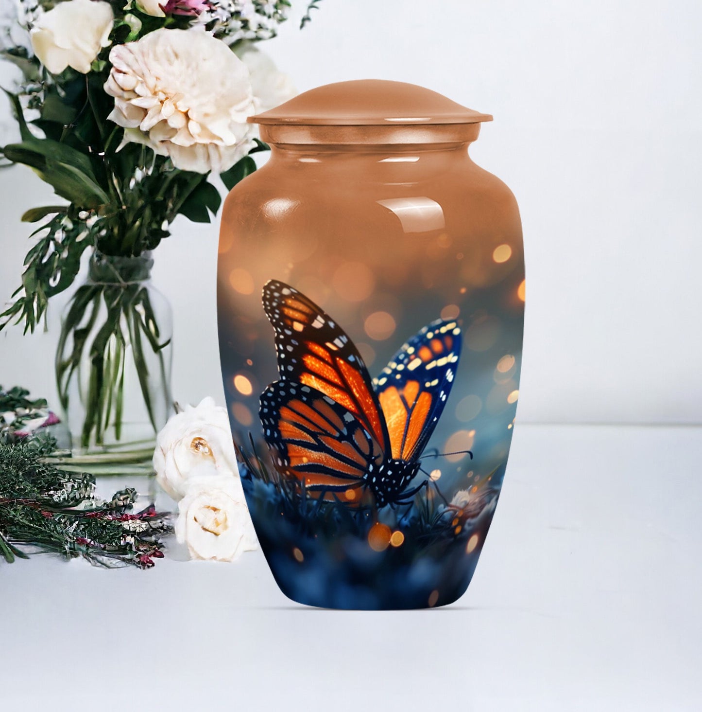 10-inch classic butterfly urn in purple meadow theme.