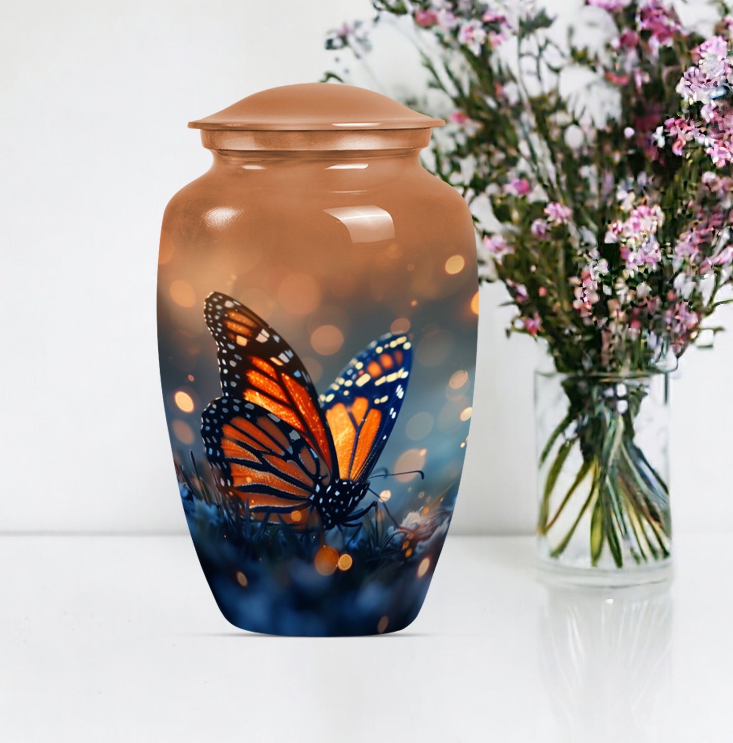 10-inch classic butterfly urn in purple meadow theme.