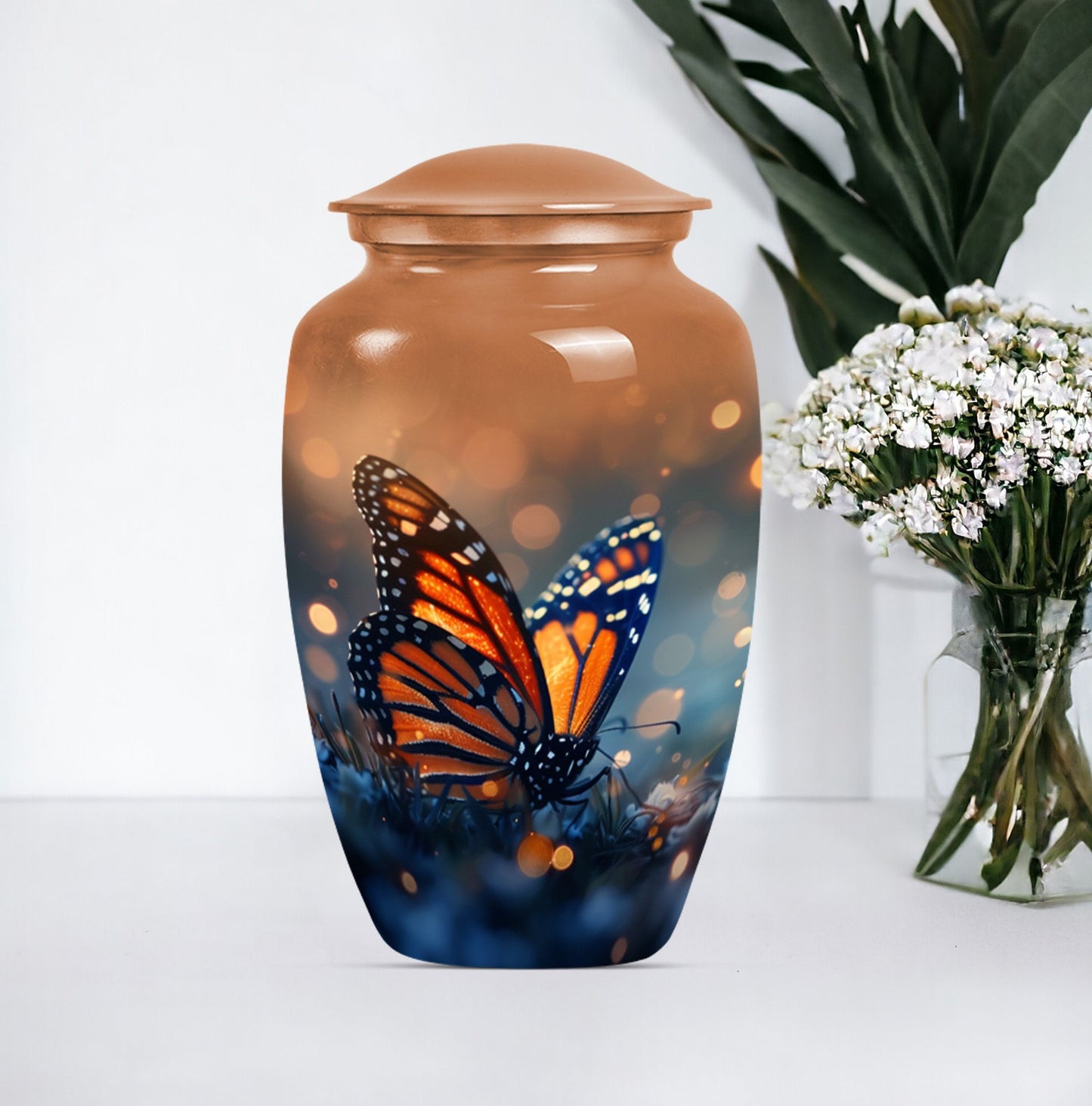 10-inch classic butterfly urn in purple meadow theme.