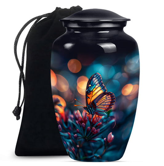 Butterfly themed funeral burial urn, 10-inch aluminium