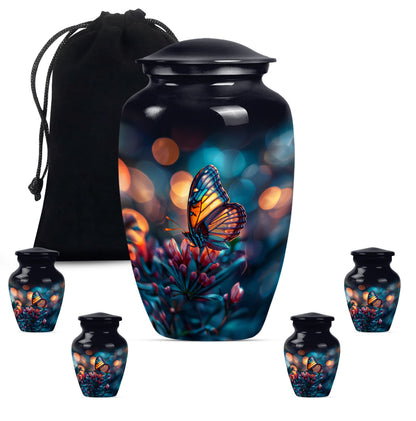 Butterfly themed funeral burial urn, 10-inch aluminium