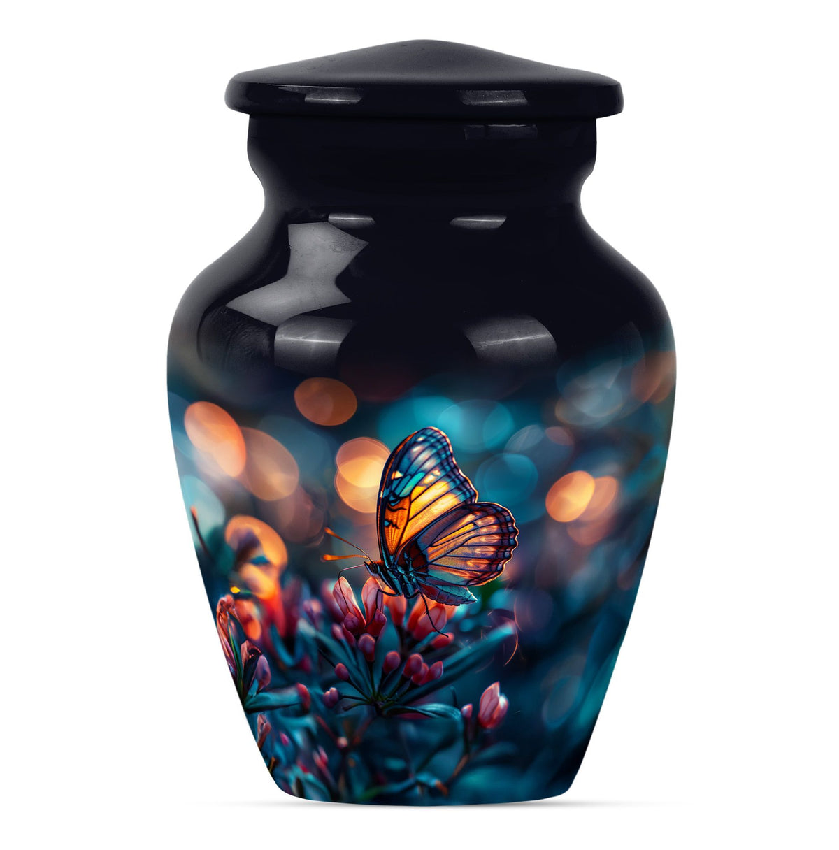 Butterfly themed funeral burial urn, 10-inch aluminium
