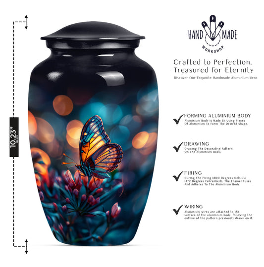 Butterfly themed funeral burial urn, 10-inch aluminium