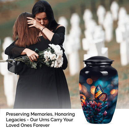 Butterfly themed funeral burial urn, 10-inch aluminium