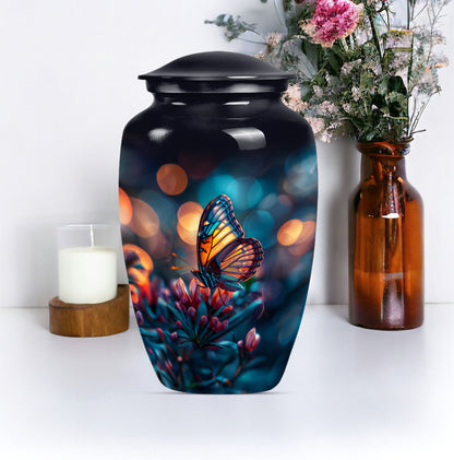 Butterfly themed funeral burial urn, 10-inch aluminium