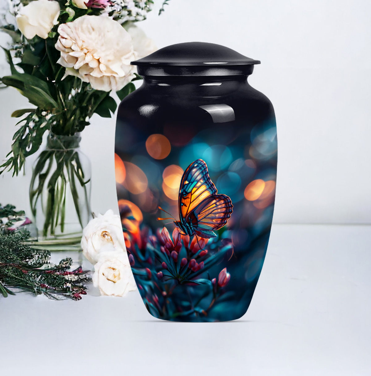 Butterfly themed funeral burial urn, 10-inch aluminium