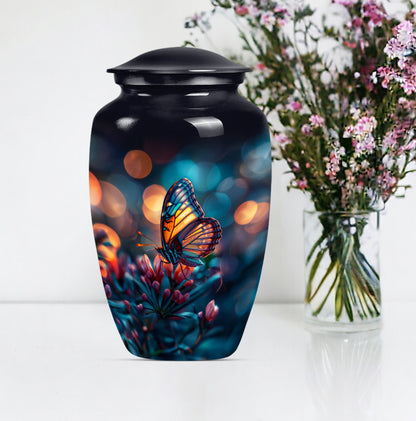 Butterfly themed funeral burial urn, 10-inch aluminium