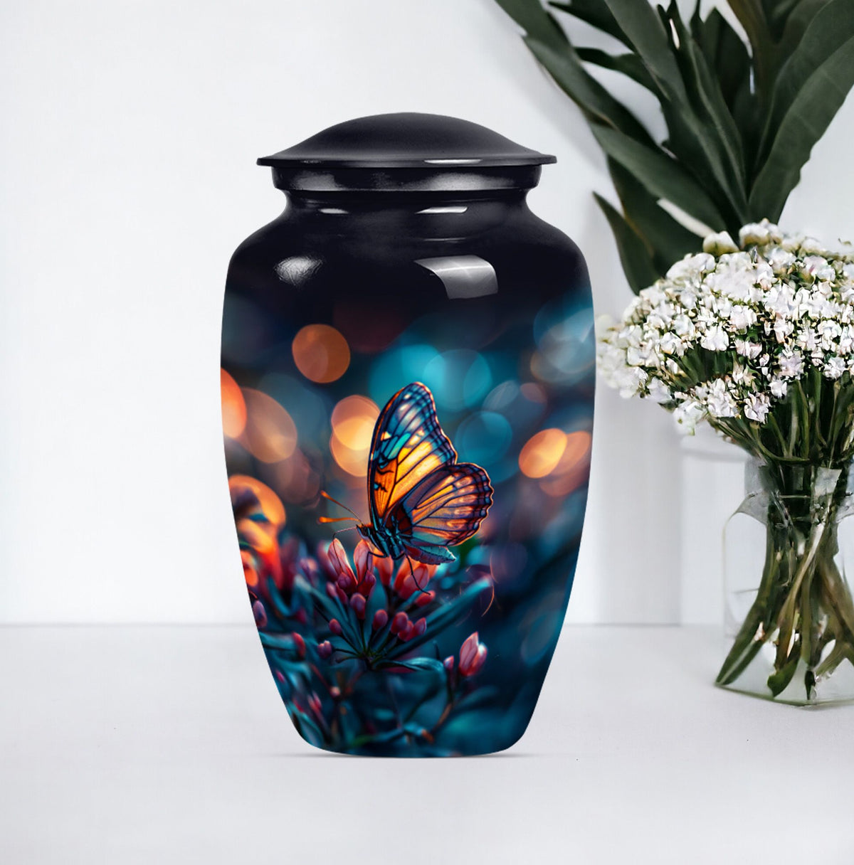 Butterfly themed funeral burial urn, 10-inch aluminium