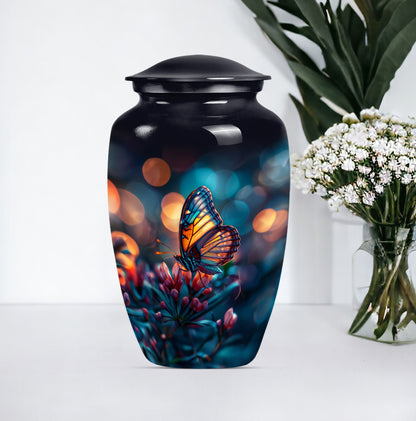 Butterfly themed funeral burial urn, 10-inch aluminium