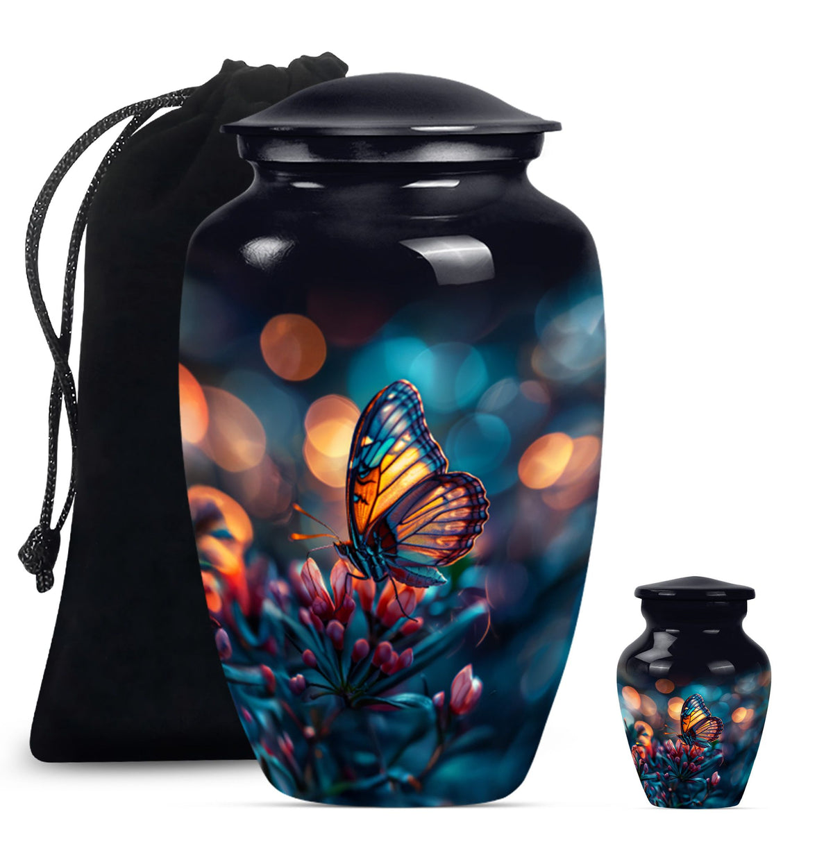 Butterfly themed funeral burial urn, 10-inch aluminium