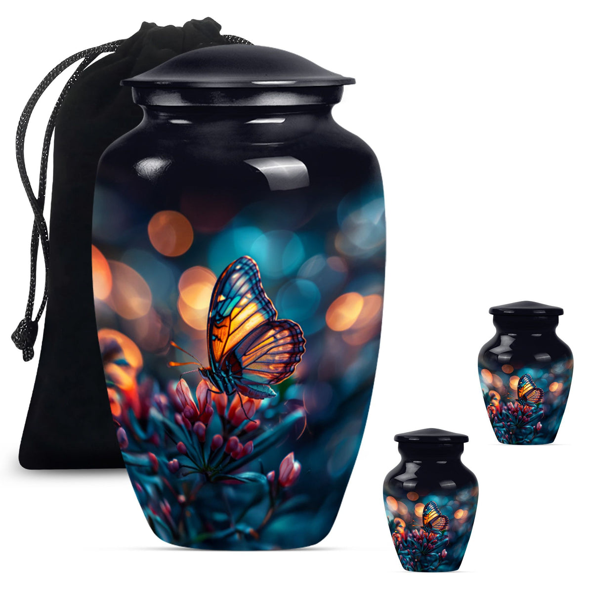 Butterfly themed funeral burial urn, 10-inch aluminium