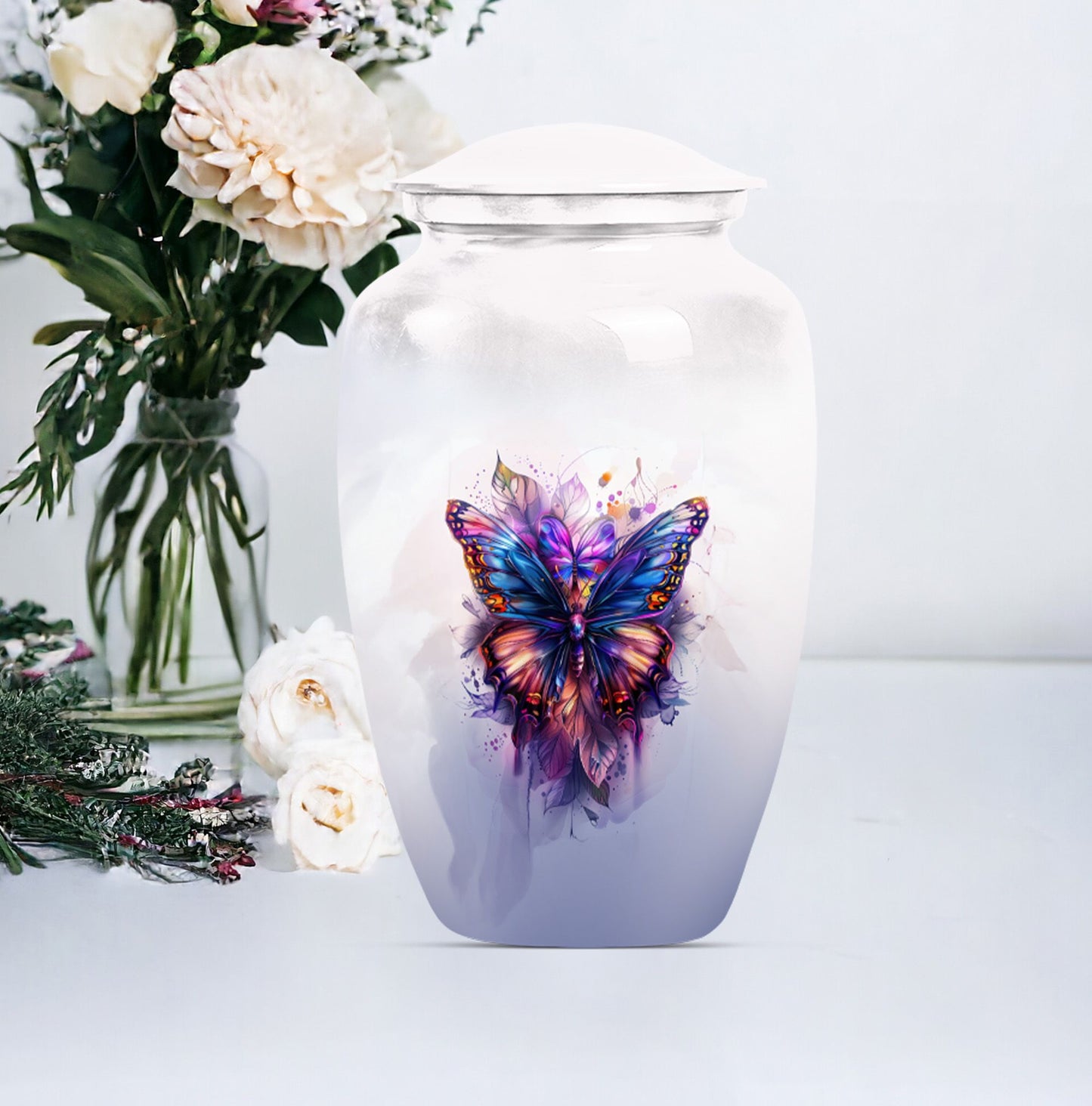 10-inch butterfly urn featuring a howling wolf theme