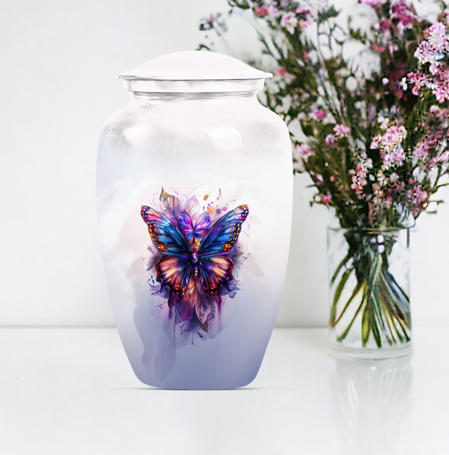 10-inch butterfly urn featuring a howling wolf theme