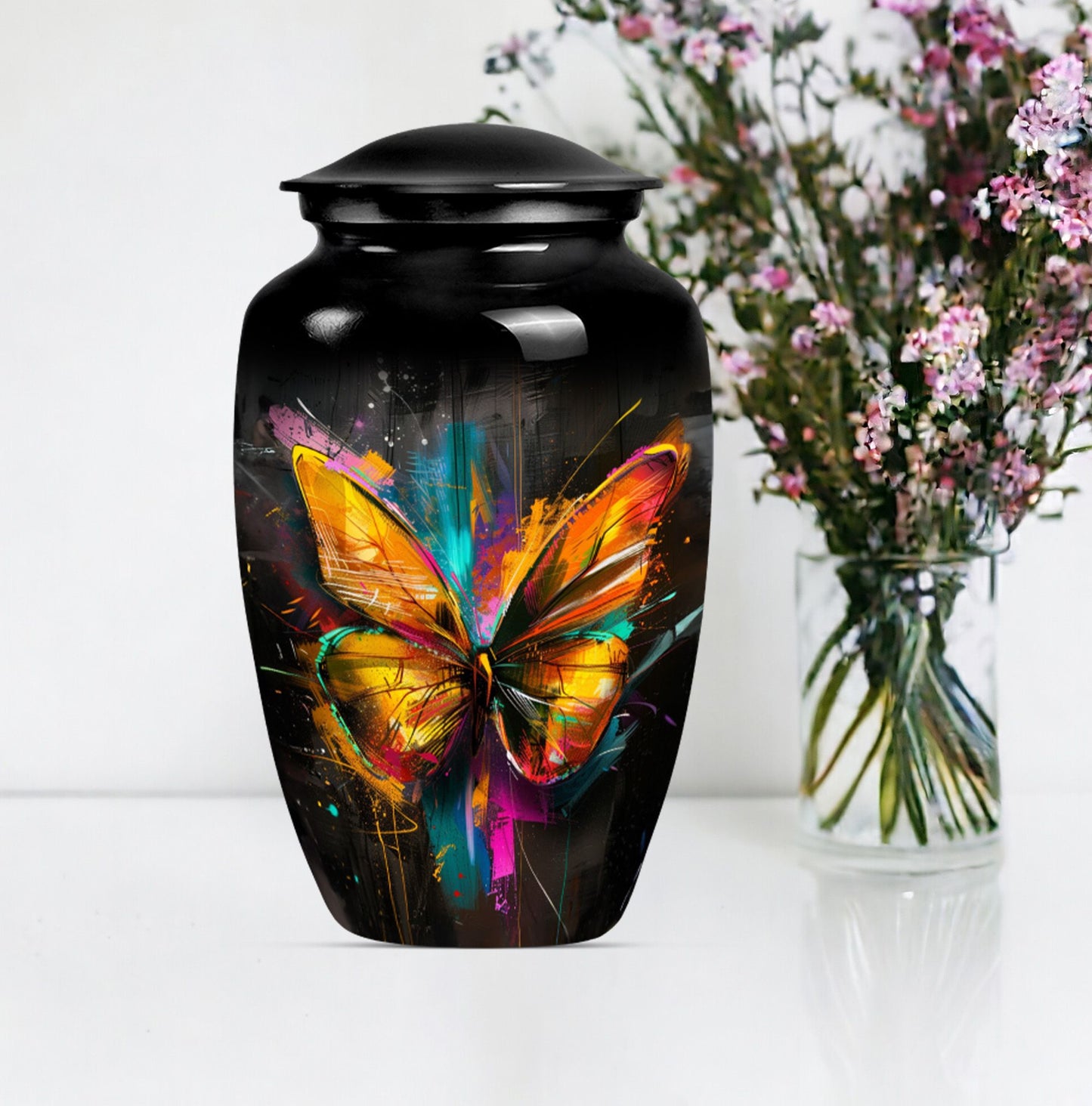 Elegant 10-inch butterfly-themed urn for adult female ashes.
