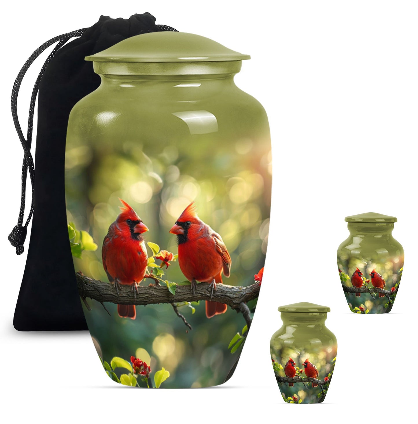 Cardinal Bird Theme Large Urn With 2 Keepsake Urn
