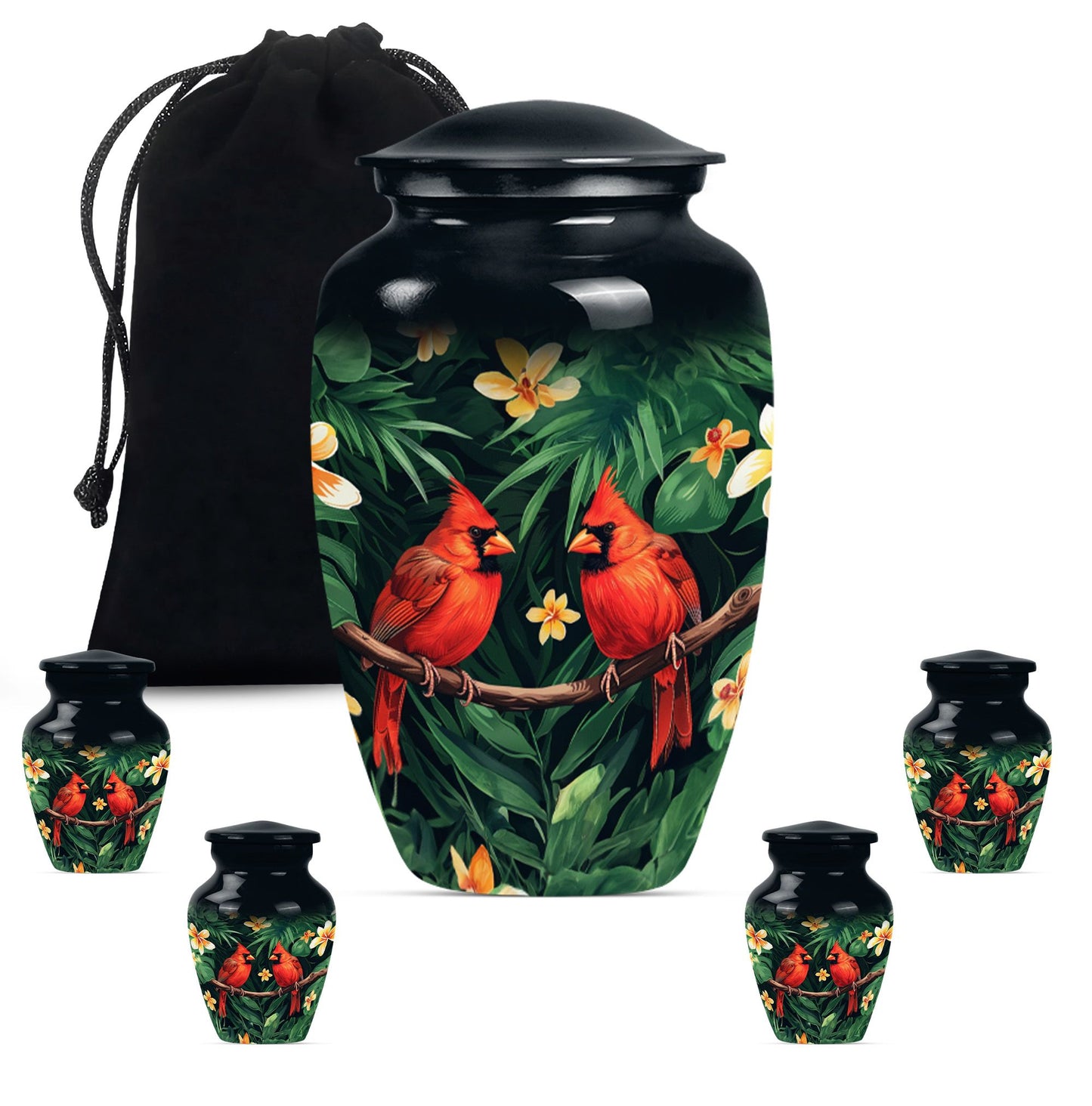 Cardinal Bird Theme Large Urn With 4 Keepsake Urn