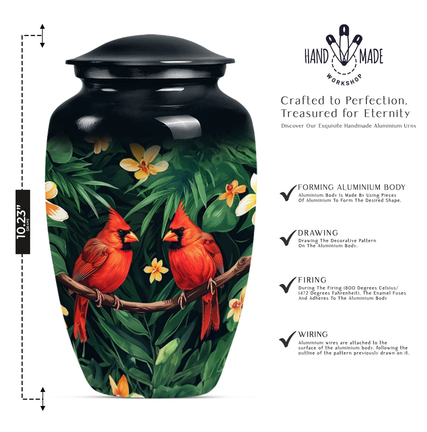 10-inch Classic Cardinal bird cremation urn.