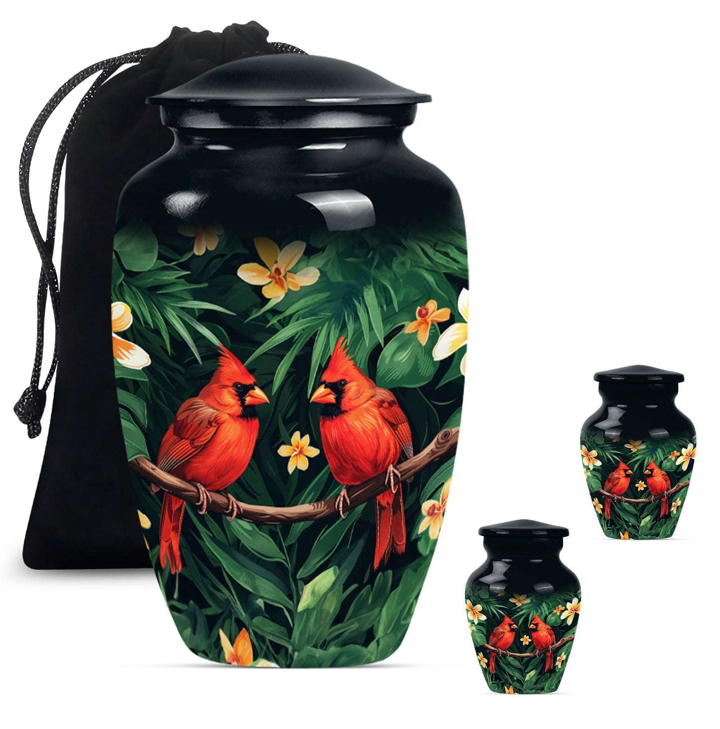 Cardinal Bird Theme Large Urn With 2 Keepsake Urn