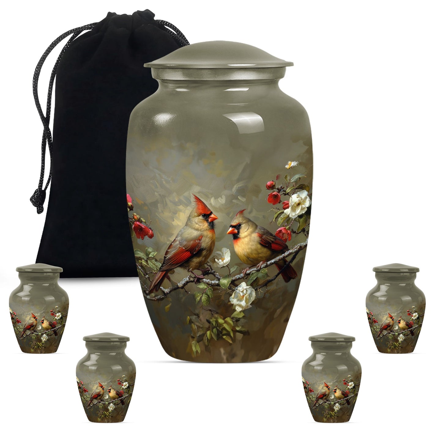 Cardinal Bird Theme Large Urn With 4 Keepsake Urn