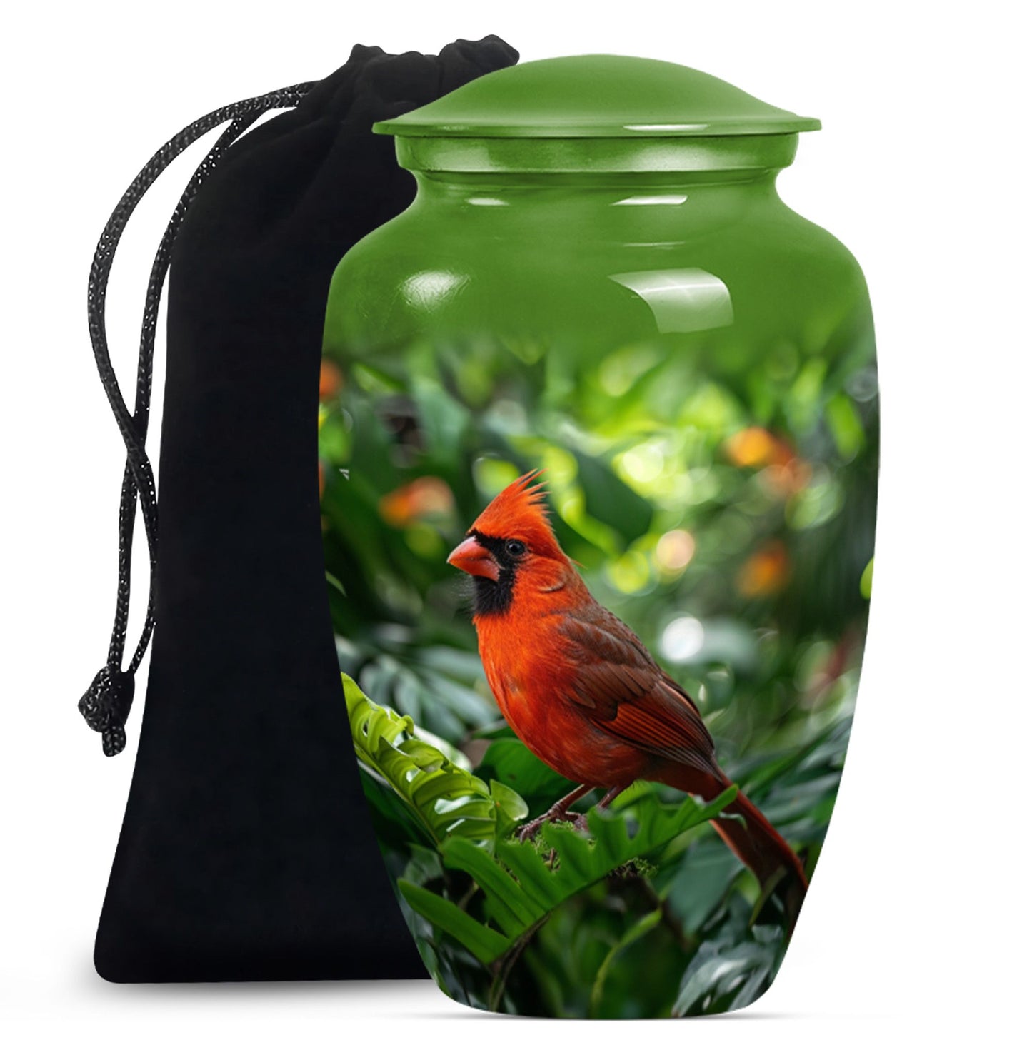 Cardinal bird urn with wolf howling 