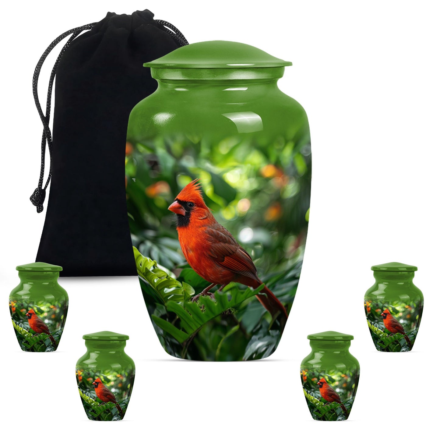 Cardinal bird urn with wolf howling 