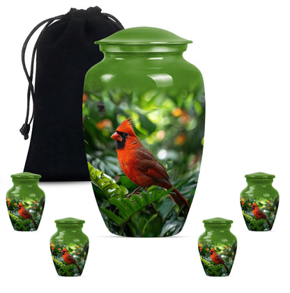 Cardinal bird urn with wolf howling 