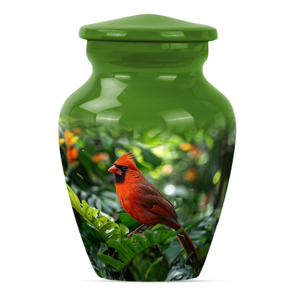 Cardinal bird urn with wolf howling 